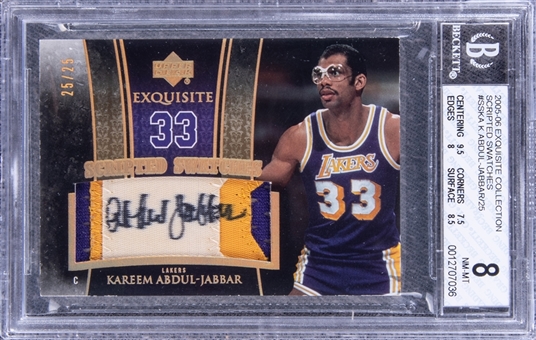 2005-06 UD "Exquisite Collection" Scripted Swatches #SSKA Kareem Abdul-Jabbar Signed Game Used Patch Card (#25/25) - BGS NM-MT 8/BGS 10